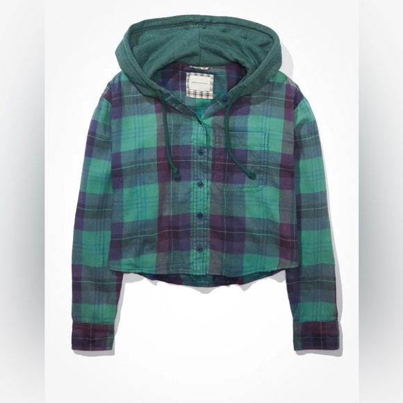 American Eagle Cropped Flannel Shirt Hoodie, Green + Navy Blue, Size Large - Picture 5 of 10